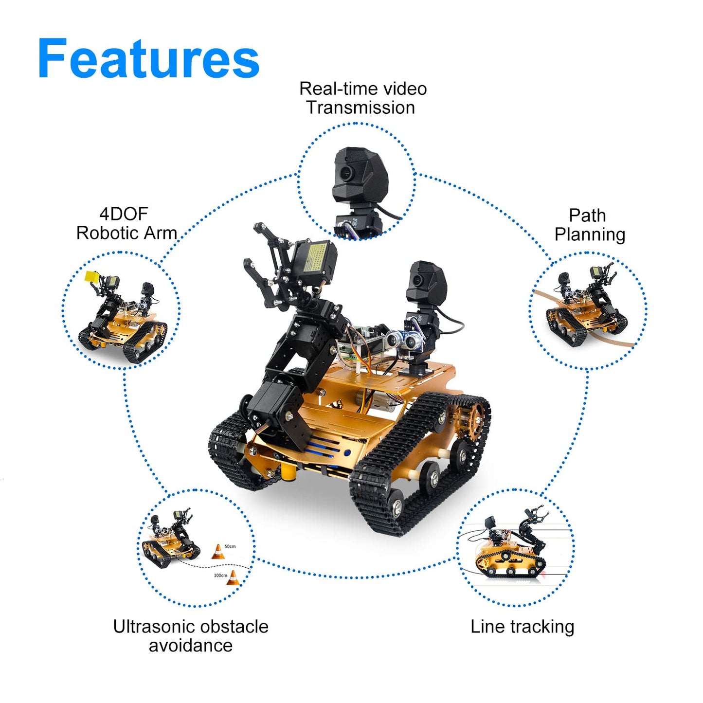 XiaoR Geek Raspberry Pi Smart WiFi Robot Car Kit, with 2DOF Hd Camera 4DOF Robotic Arm Tank Chassis Kit, Remote Control Programmable AI Vehicle Toy Controlled by Android/iOS App PC