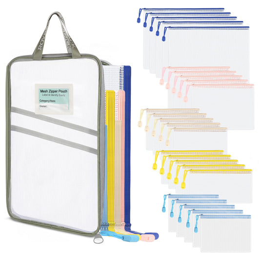 ROYPACK 25 Pack PVC Mesh Zipper Pouches with 1 Organizer Bag, 5 Sizes A4 A5 A6 Bill B6, Translucent File Bags for Classroom Puzzle Board Game Craft School Office Storage (26pcs)