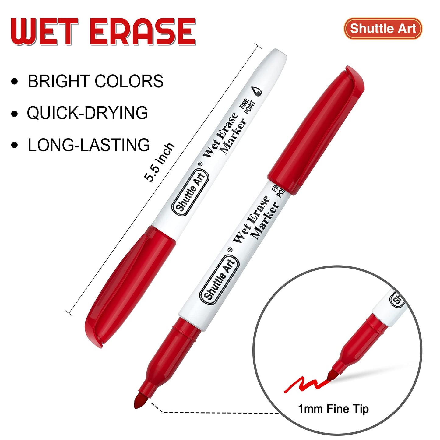 Shuttle Art Wet Erase Markers, 15 Pack Red 1mm Fine Tip Smudge-Free Markers, Use on Laminated Calendars, Overhead Projectors, Schedules, Whiteboards, Transparencies, Glass, Wipe with Water