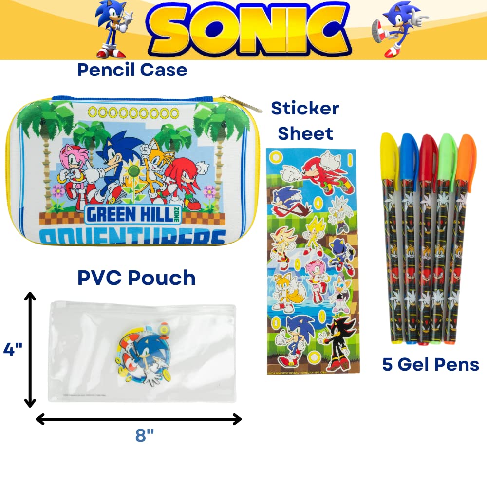 Innovative Designs Sonic the Hedgehog Pencil Case Set with Stickers and Gel Pens for Kids, Molded with Zip Closure, Blue