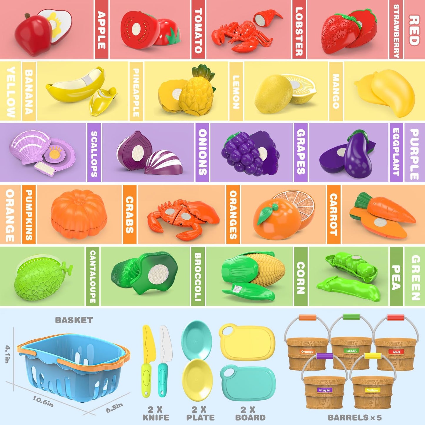 Cutting Play Food Toys for Kids, Pretend Play Kitchen Accessories, Cutting Food Sorting Toy, Fake Fruits/Vegetables Set with Shopping Storage Basket, Plastic Board and Knife, Birthday Gift