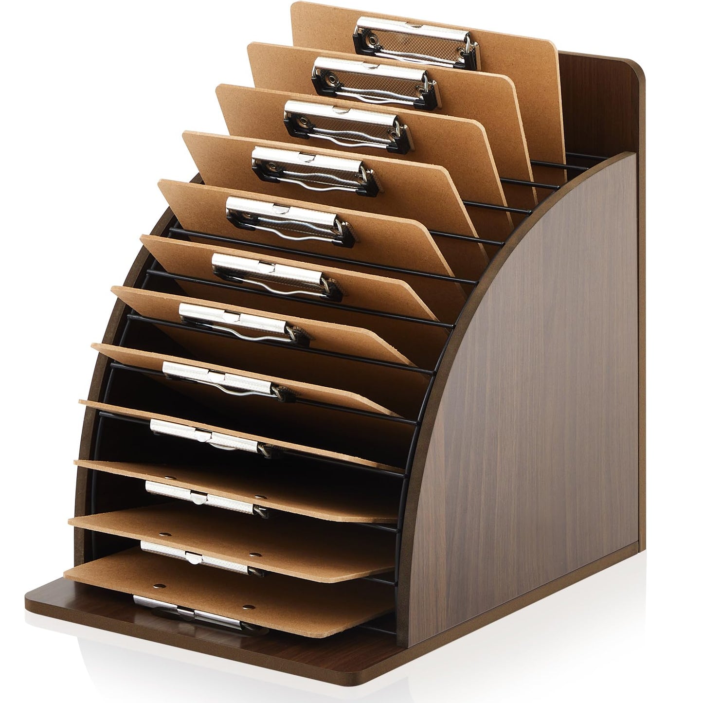 Wonderjune Wooden Clipboard Holder Storage Metal Rack with Raised Side Panel Clipboard Organization for Classroom Office School Teacher, Clip Boards Not Included (Walnut)