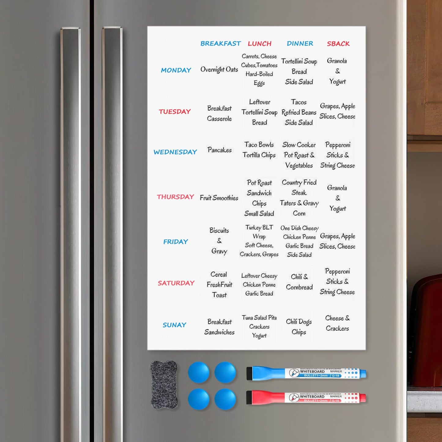 Magnetic Whiteboard for Fridge, 24" x 16" Dry Erase Board Set with Markers & Eraser, Strong Magnet & Stain-Resistant Surface, Fridge Calendar for Notes, Grocery List, Meal Planning & Family Schedule