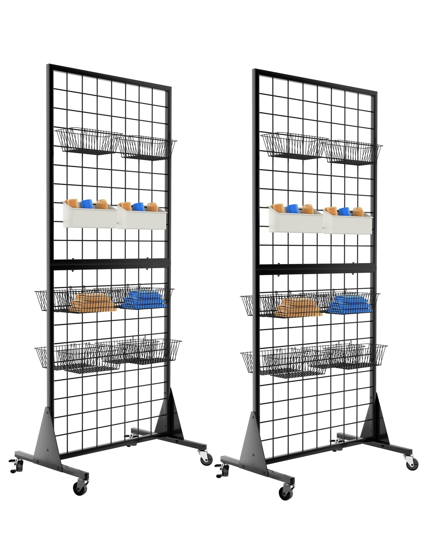 QKOSMTL 2-Pack Gridwall Panel Display Stand, 2'x5.5' Heavy Duty Floor Standing Rack with Detachable Girdwall, Movable Silent Wheel, Easy to Transport, Ideal for Retail & Craft Fairs