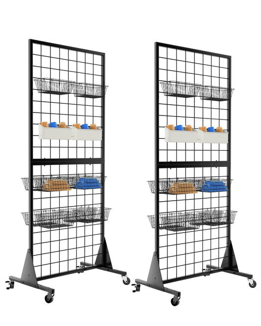 QKOSMTL 2-Pack Gridwall Panel Display Stand, 2'x5.5' Heavy Duty Floor Standing Rack with Detachable Girdwall, Movable Silent Wheel, Easy to Transport, Ideal for Retail & Craft Fairs