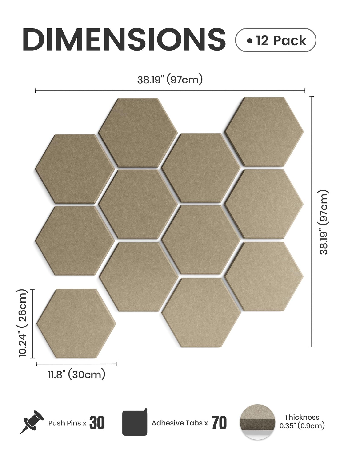 Fluxynara Hexagon Cork Board Alternative for Walls Decor-12-Pack Felt Bulletin Board Tiles,with 30 Pushpins,70 Adhesive Tabs for Office,Classrooms & Home Pin Board Felt Board-Earth Brown