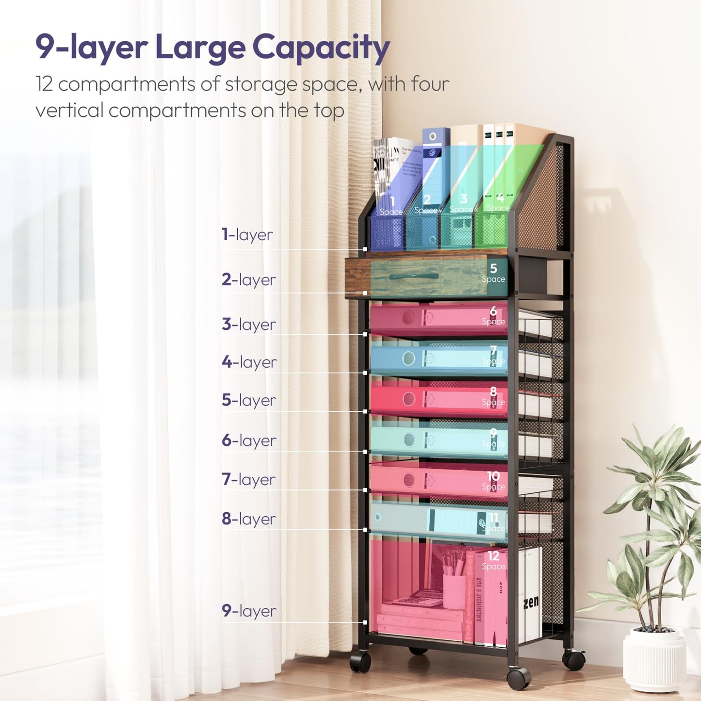 SWTYMIKI 9-Tier Rolling File Cart - Paper Organizer with Drawer and Trays, Wood Desk Office Organizer, Office Organization and Binder Storage for Workspace, Home, School, Espresso