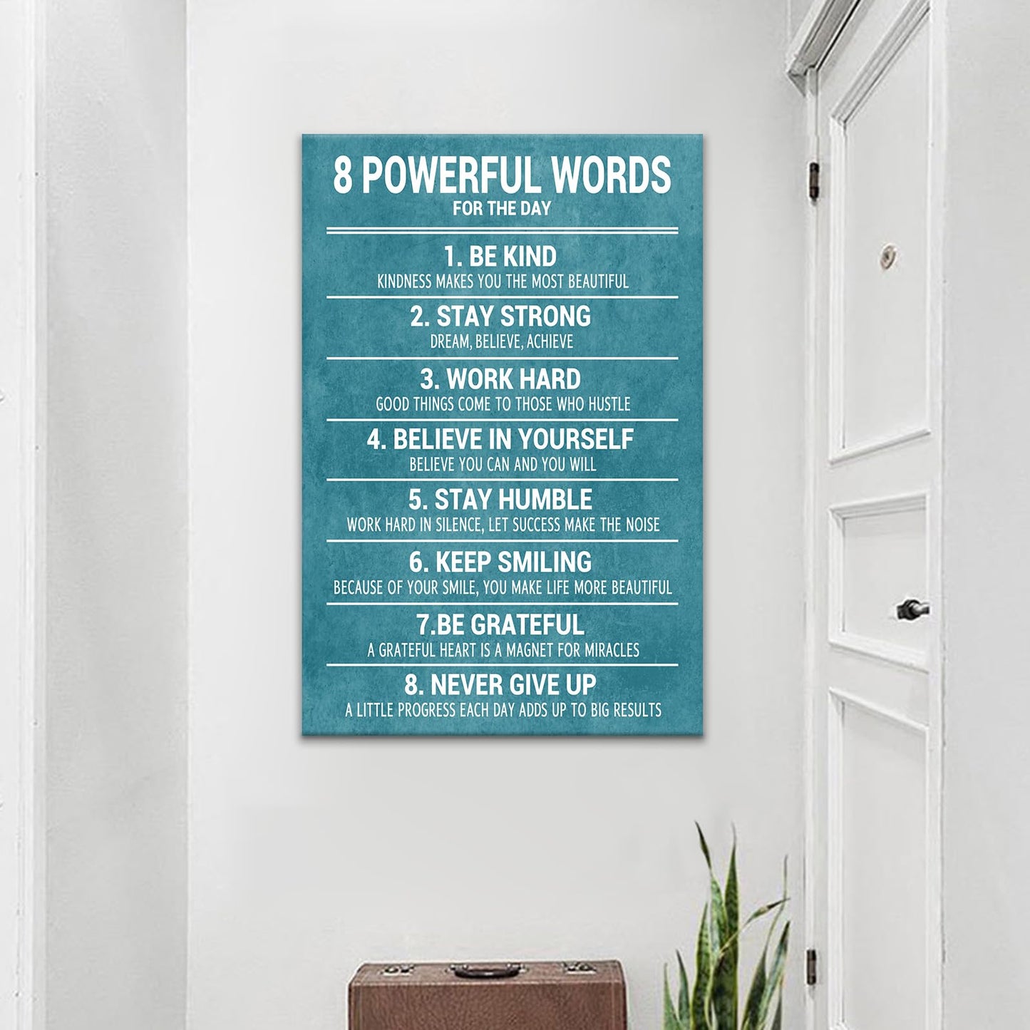 YSPCSUN Motivational Canvas Wall Art 8 Powerful Words Quote Poster, Teal White Inspirational Wall Decor for Living Room Gym Office, Single Panel Framed Canvas Print, 36x24 Inch