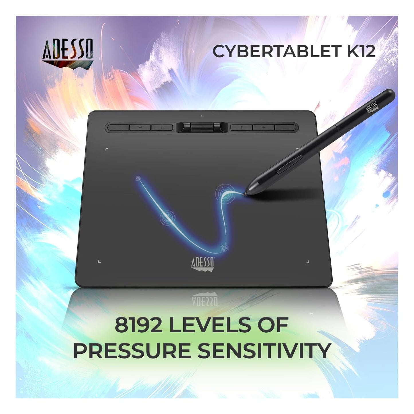 Adesso Large Graphics Drawing Tablet Pad 12 x 7 Inch 8192 Levels Battery-Free Pen, 8 Customizable Keys with Scroll Wheels, Black, Compatible with PC/Mac/Android OS for Painting, Designing, Black