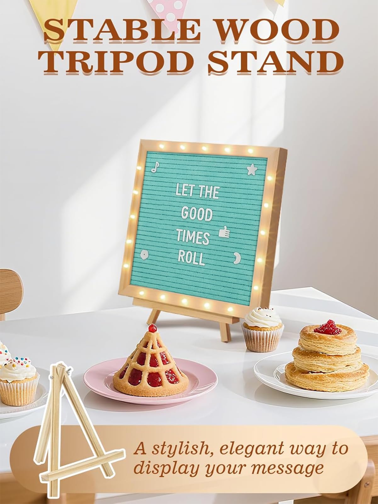 Changeable Felt Letter Board with LED Lights - 10×10" Message Custom Signs & Wood Stand & 450 Letters, Poster Board for Baby/Pregnancy Announcement/Classroom Wall Decor Gifts First Day of School, Blue