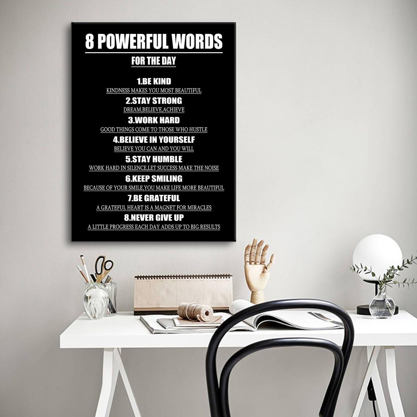 Motivational Canvas Wall Art 8 Powerful Words for The Day Success Quotes Poster Print Inspirational Picture Painting for Office Class Room School Wall Decoration Stretched and Framed [18''Wx24''H]