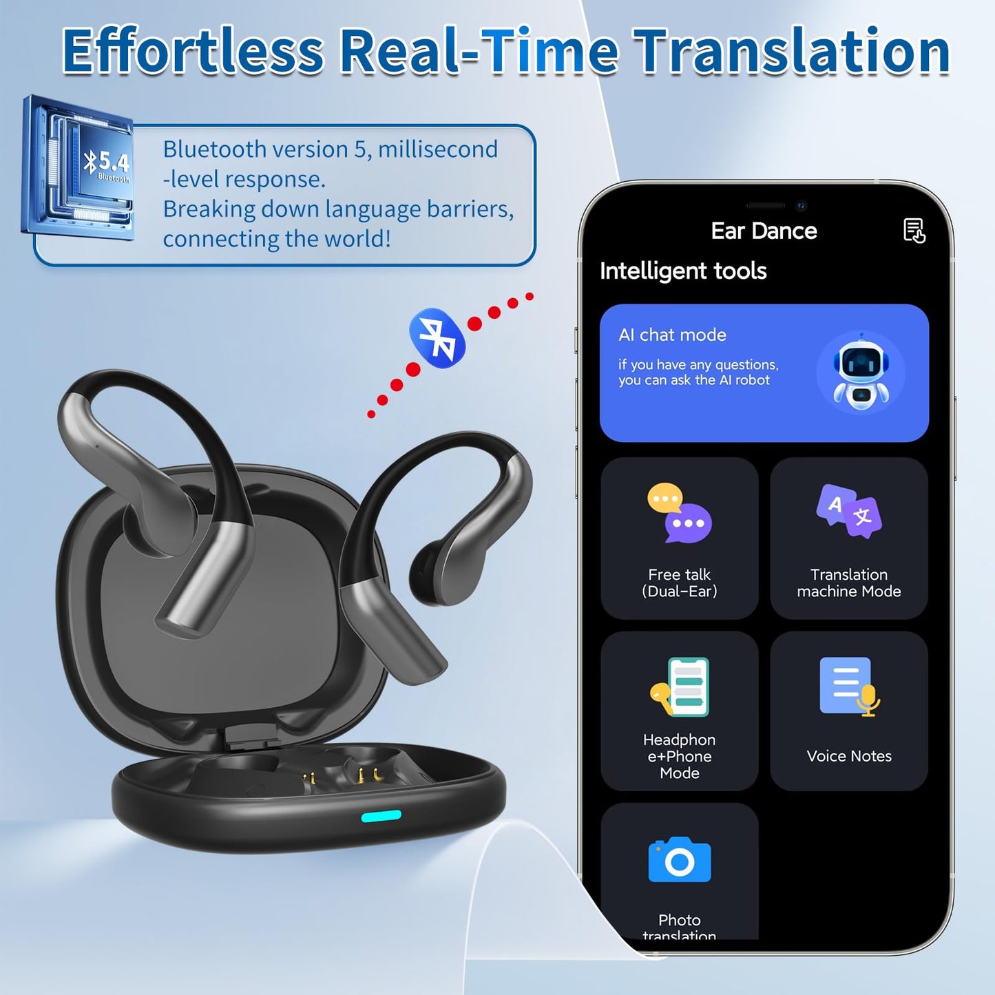 AI Translation Earbuds Real Time, 144 Languages Translator Earbuds, Bluetooth Open-Ear Translating Earbuds with 30H Playtime, Instant Voice Translator Device for Travel, Business, Learning, Black