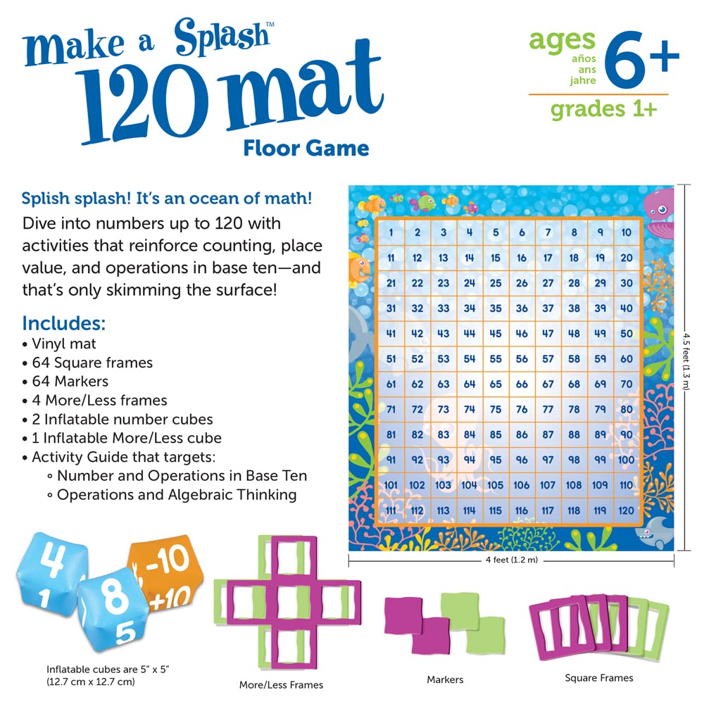 Learning Resources Make a Splash 120 Mat Floor Game - Math Manipulatives, Addition and Subtraction Board Games , Classroom Must Haves, Homeschool Supplies, Montessori Gifts for Boys and Girls