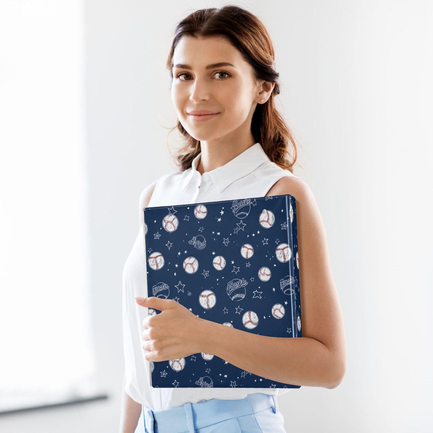 Baseballs and Stars Round Ring Binders 1.5 Inch Softball White Blue Purple 3 Ring Clipboard Binder for Office School Work Supplies File Folder 200 Sheet Capacity