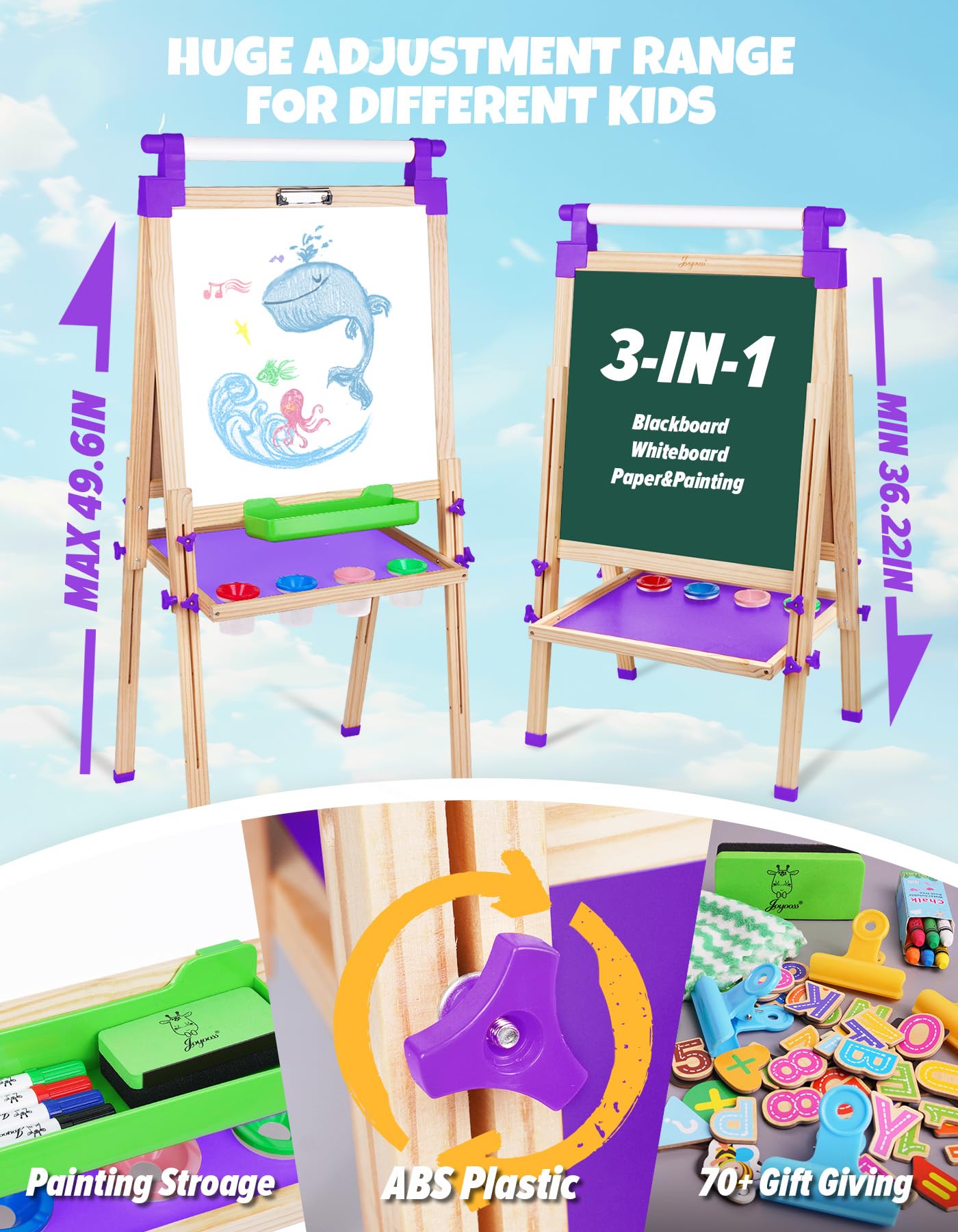 JOYOOSS Art Easel for Kids Easels for Toddlers,Wooden Kid Easel with Paper Roll - Chalkboard for Kids Adjustable Double Sided Dry Erase Board,Toddler Art Easel for Kid Ages 4-8