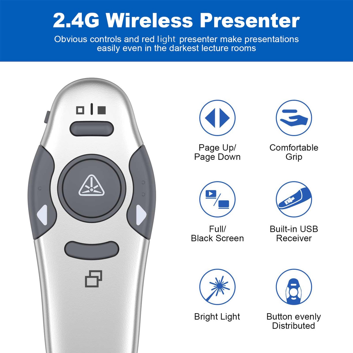 QUI Presentation Clicker Wireless Presenter Remote Clicker for PowerPoint Presentation Remote, PowerPoint Slide Advancer for Mac/Windows/Google Slide/Keynote, Silver, A-C