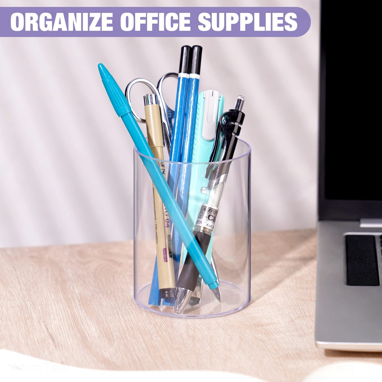 NiOffice Clear Acrylic Desk Organizer Set - 9 Pack Pen Pencil Holder, Stylish Round Makeup Brush and Stationery Storage Container, Ideal for Home, School and Office Supplies