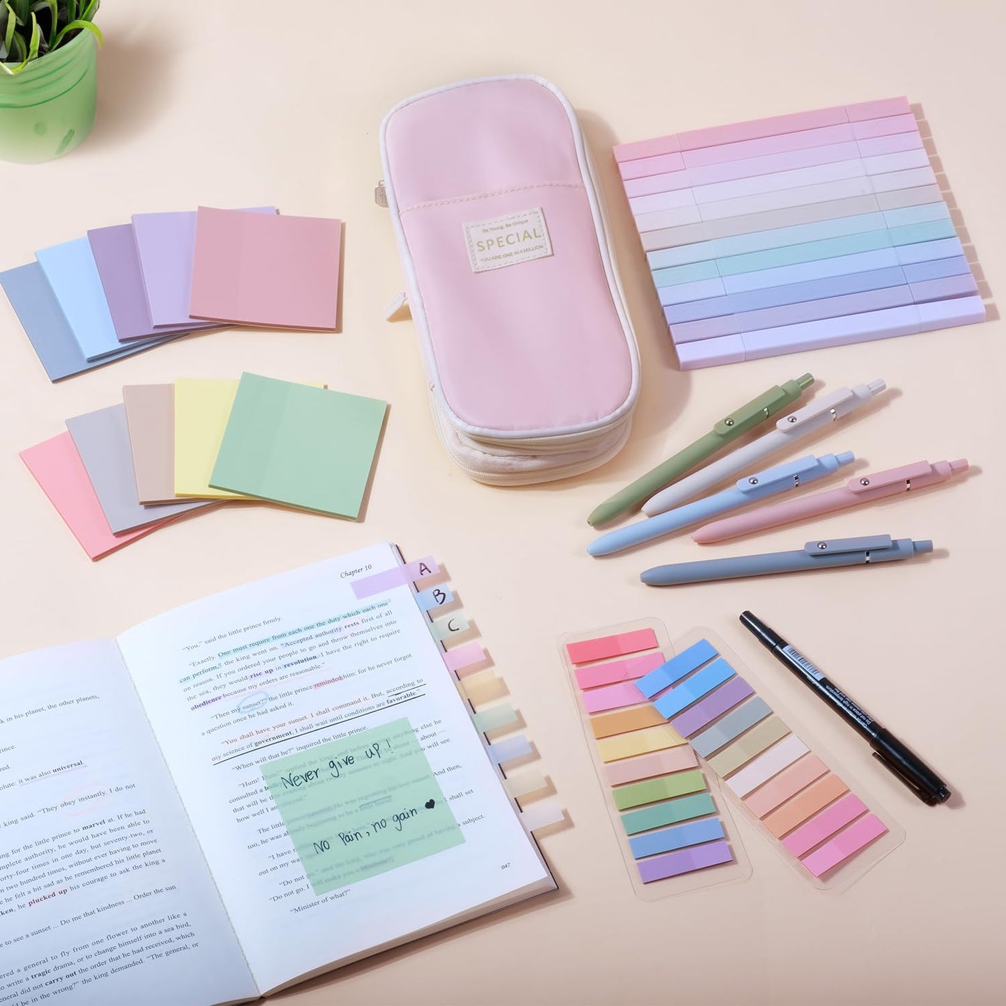 KOUDGY 49Pcs Book Annotation Kit - Aesthetic School Supplies with Cute Pen Case Highlighters Gel Pens and Marker, Sheets Transparent Index Tabs Sticky Notes Bible Study Supplies (Pink)