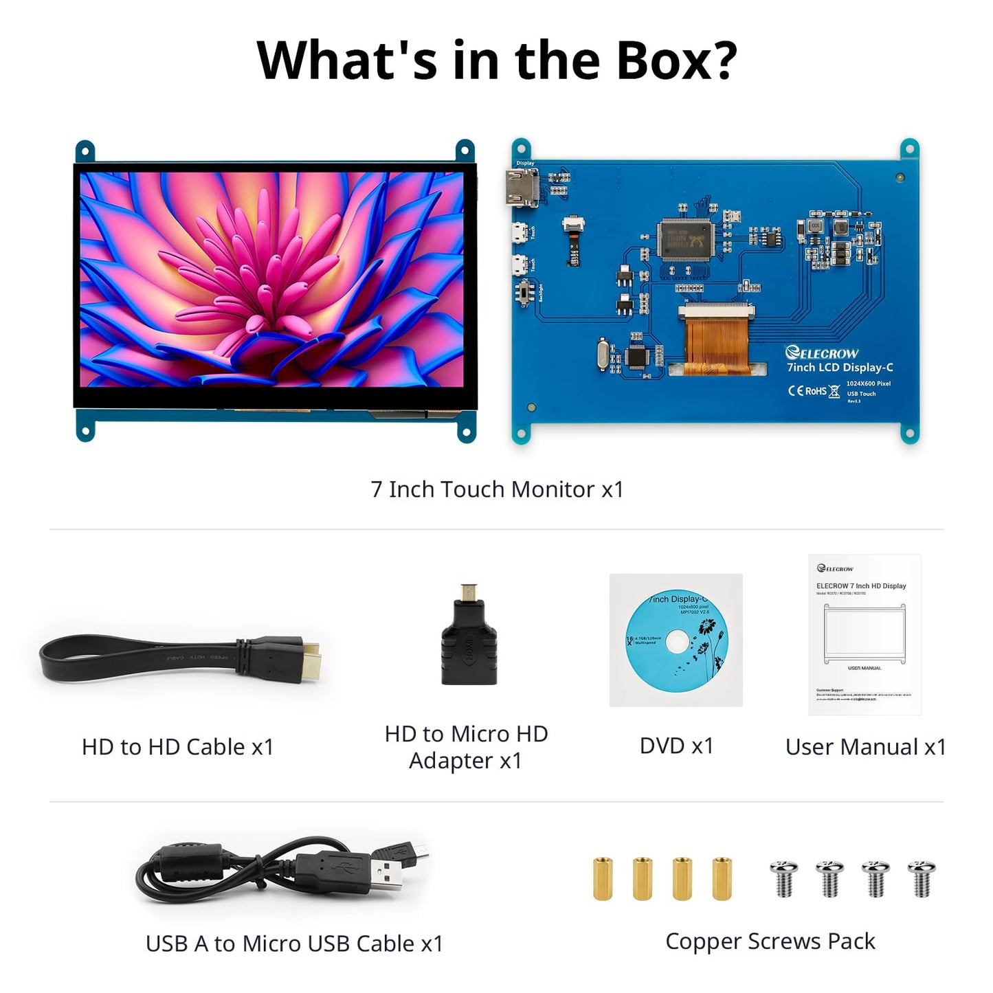 ELECROW 7 Inch 1024×600 Touchscreen for Raspberry Pi: IPS Capacitive Touch Screen LCD Display, Mini Portable Monitor Compatible with Raspberry Pi 5/4/3 BB Black Banana Pi Windows 11/10/8/7 Driver Free