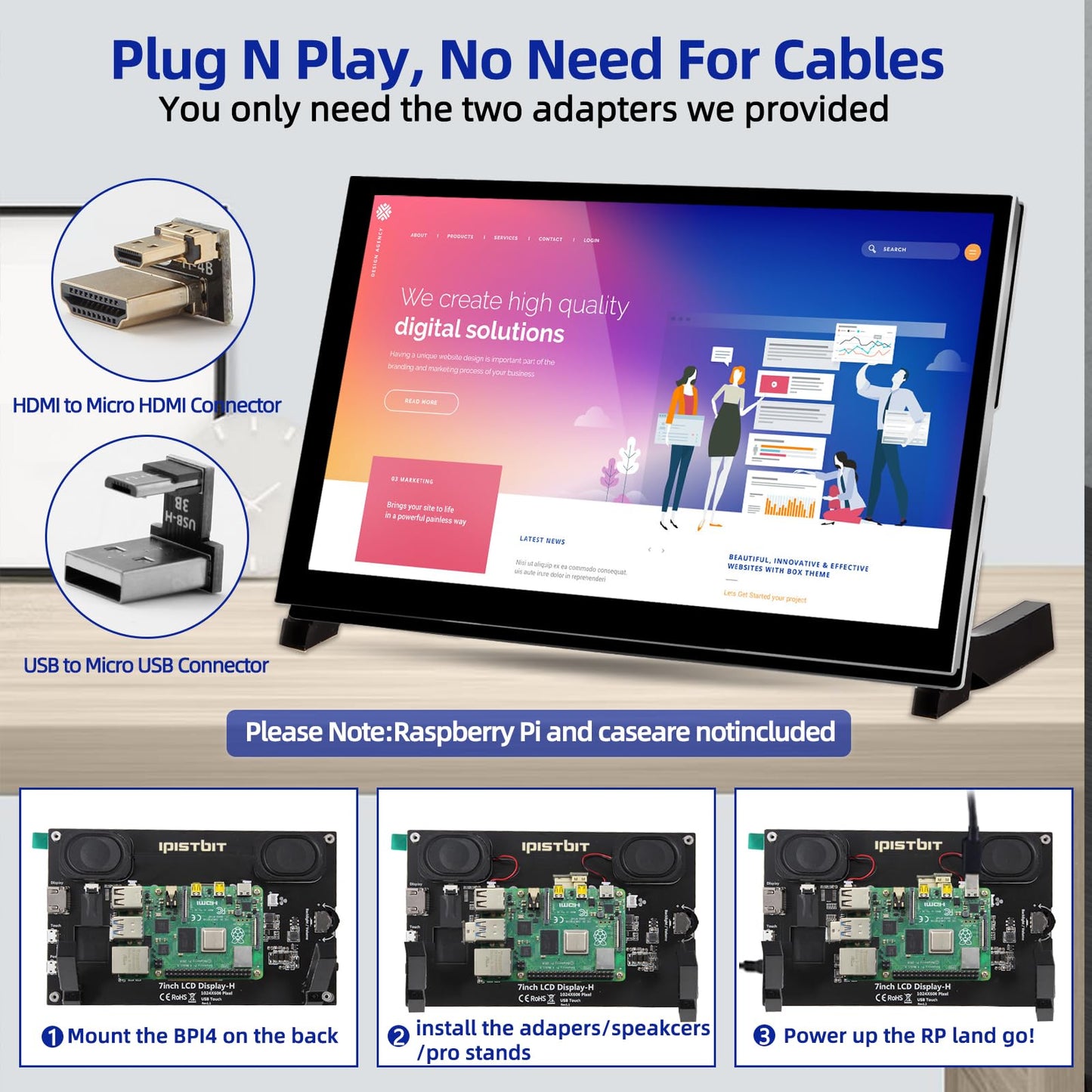 iPistBit Raspberry Pi Screen, 7 Inch Touchscreen Monitor, IPS 1024×600, Dual Built-in Speakers, HDMI Portable Monitor Compatible with Raspberry Pi 5/Pi 4B/3B+/3B, BB Black, Win11/10/8/7, Driver Free