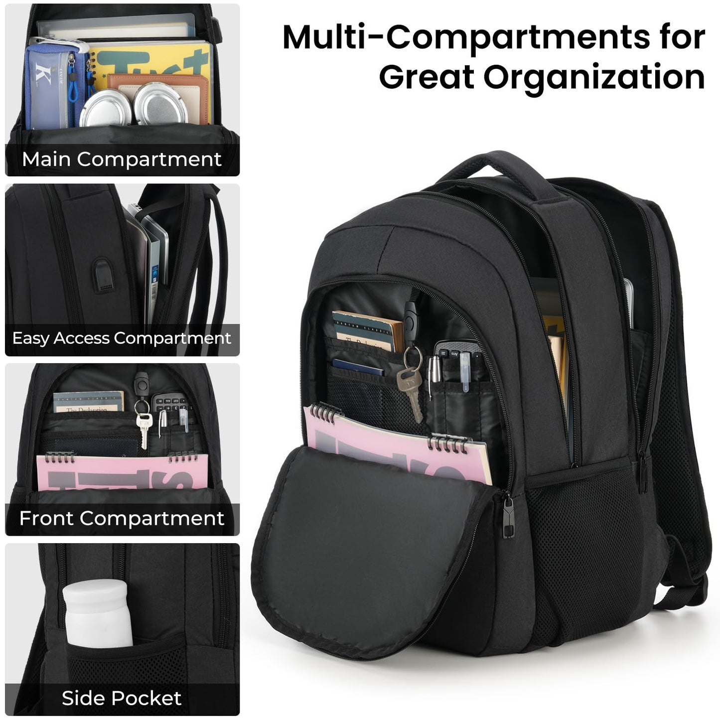 BIKROD Backpack for Men and Women, School Backpacks for Teen Boys Girls, Water Resistant Sturdy Anti Theft Travel Laptop Backpack, Black Student Bookbag Fits 15.6 Inch Laptop, Gifts