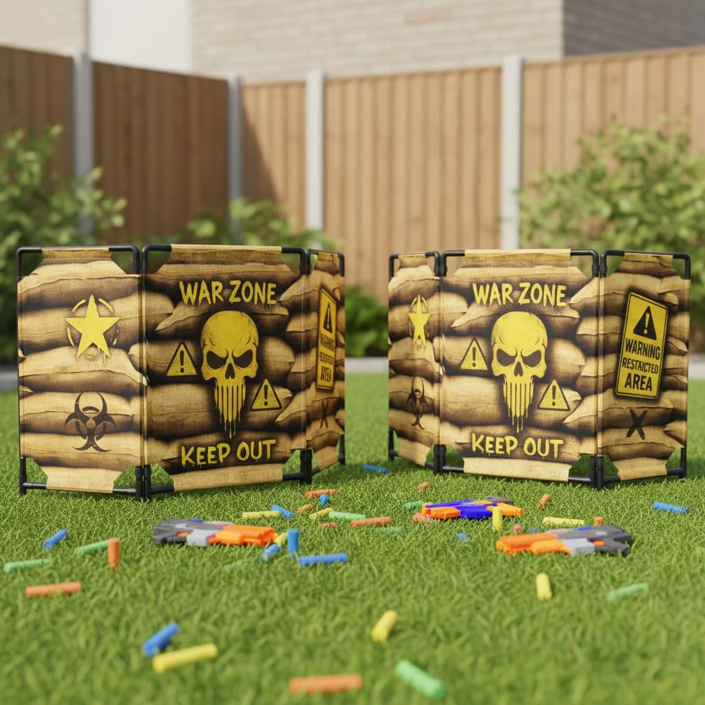 2-Pack Tactical Bunker & Foldable Battlefield Obstacles 59x34” Combat Battle Zone Fort, Compatible with Laser Tag, Foam Blaster, Birthday Activities, Party Supplies + Interactive Target Board