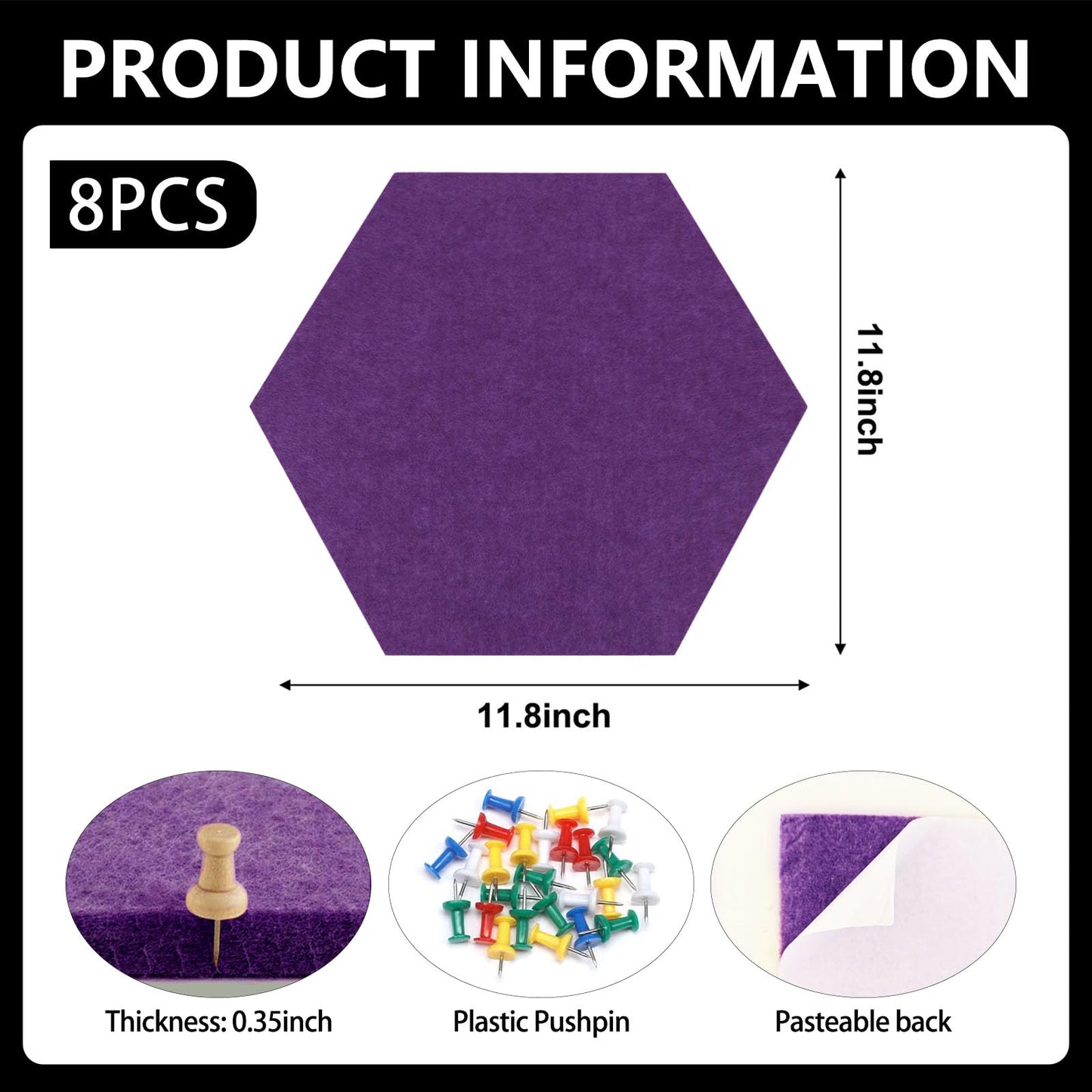 8 Packs Purple Hexagon Felt Pin Board, 12" Bulletin Board with 30 Push Pins, Felt Board for Home Kitchen Office Decor, Self-Adhesive Corkboard Tiles for Walls Classroom Message Photos Memos Display