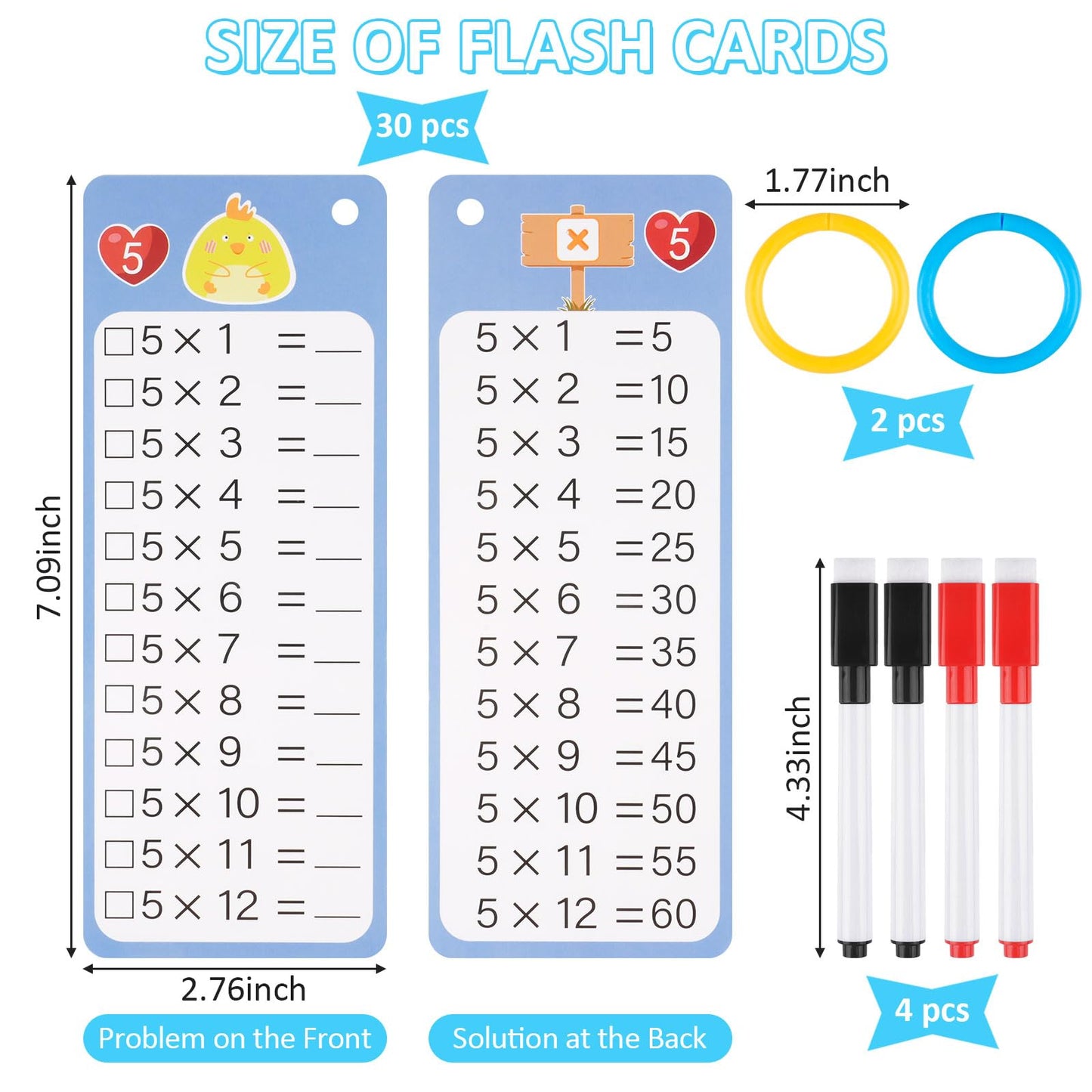 PEASUG Multiplication and Division Flash Cards 30 Pcs, 0-12 Math Flash Cards with 4 Dry Erase Pens 2 Rings, Educational Time Table Flash Cards for 1st-3rd Graders Multiplication Game