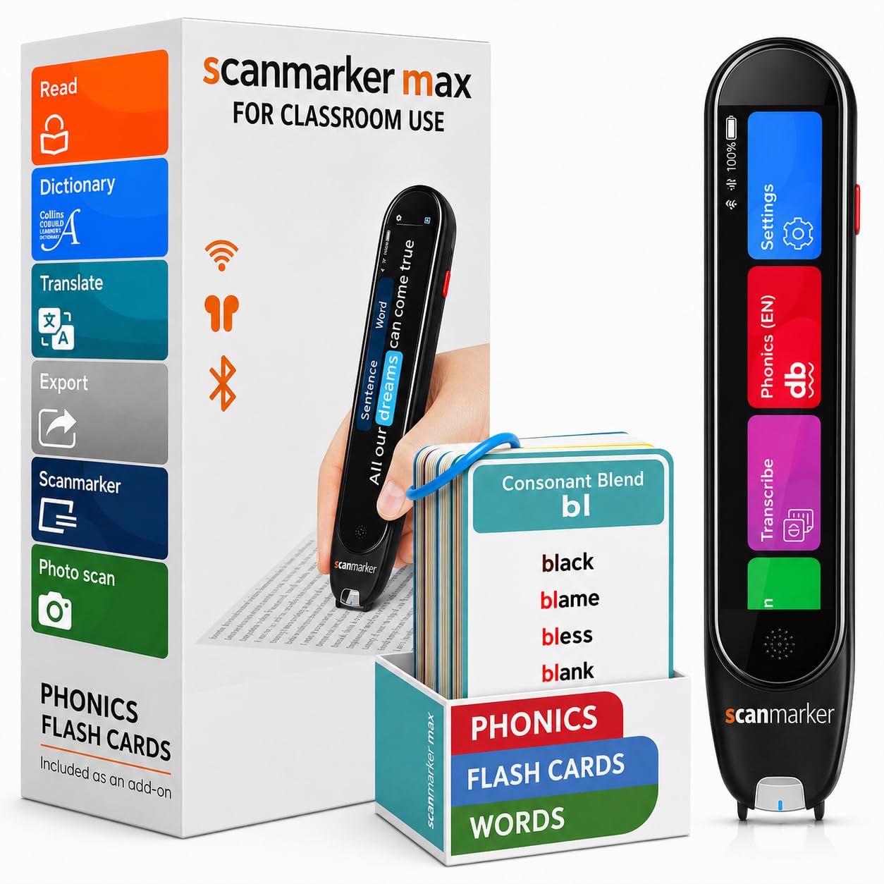 Scanmarker Max Reading Pen + Phonics Cards Bundle | Designed for Classroom Support with Phonics Assistance, Lock Function and Assistive Web App