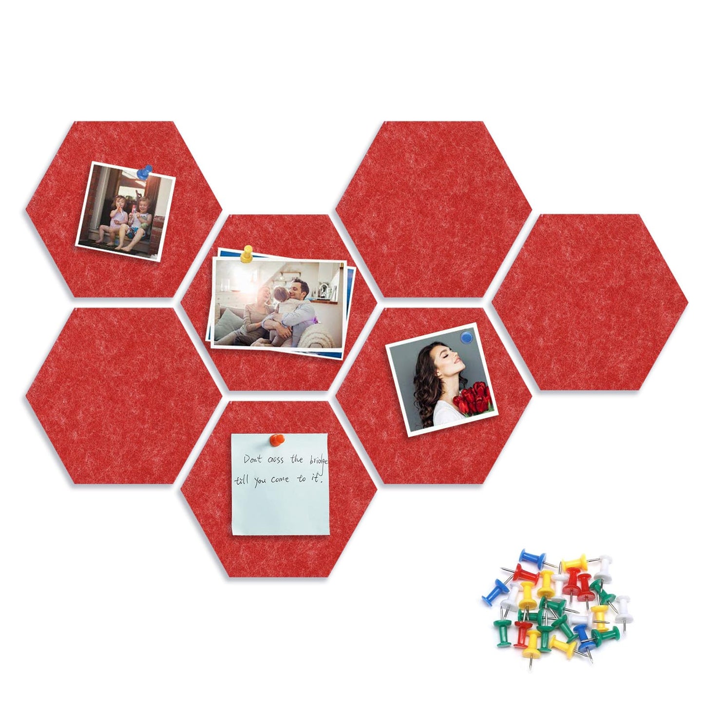 8 Packs Red Hexagon Felt Pin Board, 12" Bulletin Board with 30 Push Pins, Felt Board for Home Kitchen Office Decor, Self-Adhesive Corkboard Tiles for Walls School Message Photos Memos