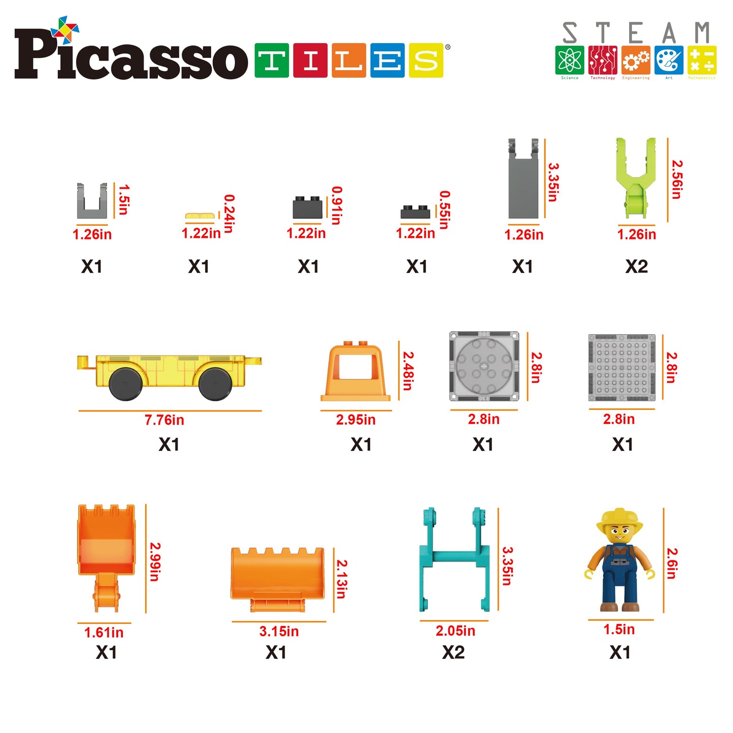 PicassoTiles Magnet Tiles Building Block 2-in-1 Excavator & Backhoe Brick Compatible Construction Playset with Car Base Magnetic Character Action Figure STEM Educational Learning Toy Kit Age 3+ PTU04