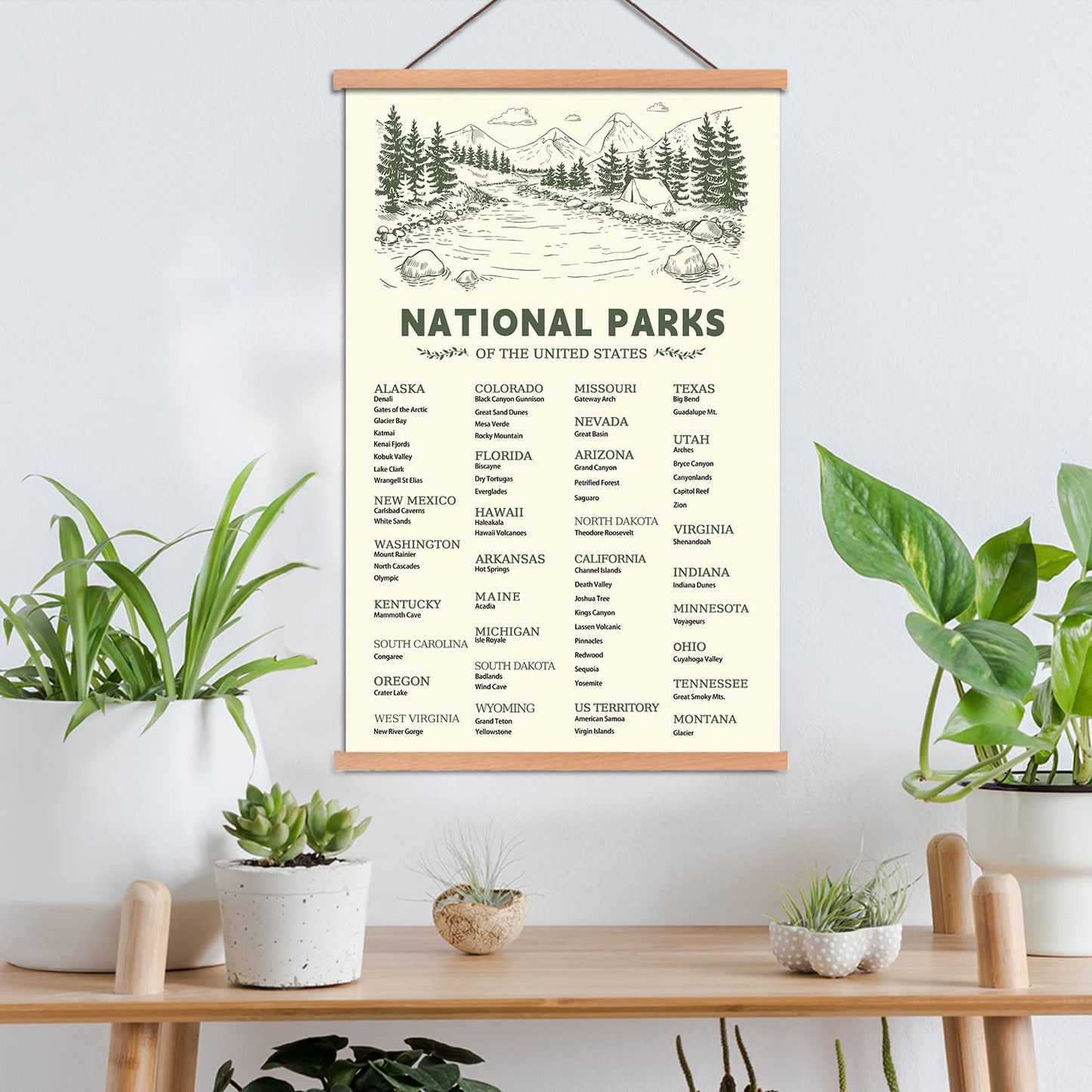 KAIRNE US National Park Checklist Poster,Park Posters for Travel Sign With Wooden Hanging Framed(28CMx46CM),Inspirational Rustic Decor,National Park Map Posters Gift for Hiker or National Park Lover