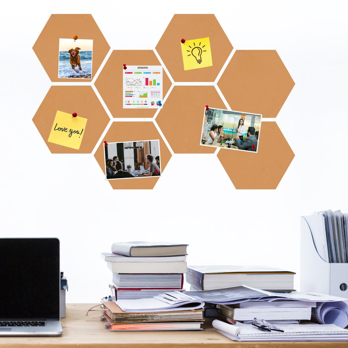 HULAVO Large Hexagon Felt Cork Board Tiles, Self Adhesive DIY Felt Bulletin Board Pin Board with 35 Pushpins for Office School Home Wall Decor Stickers Memos Photos Display(Deep Camel)