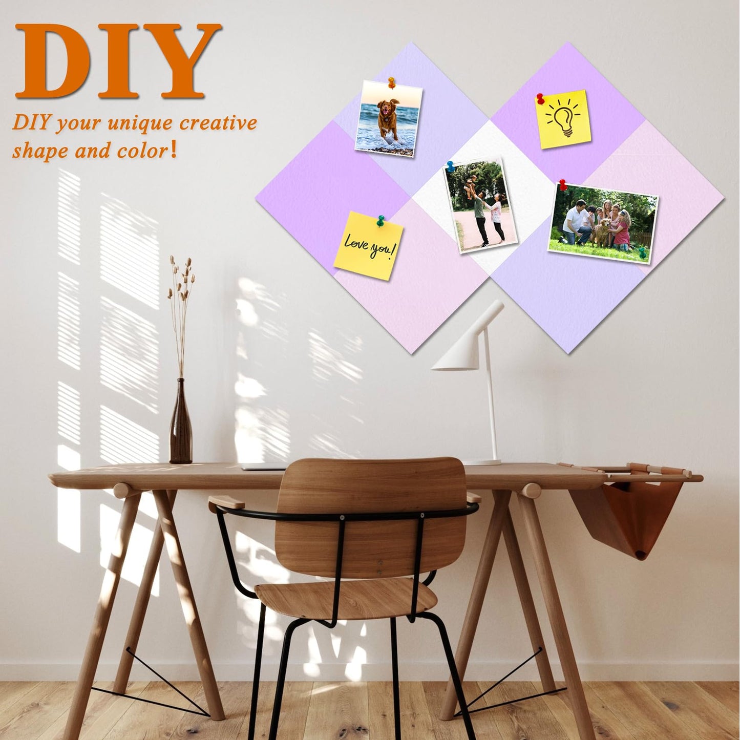 HULAVO Square Felt Cork Bulletin Board Tiles, Self Adhesive DIY Felt Pin Board for Wall 30" x 20" with 35 Pushpins for Office School Home Wall Decor Stickers Memos Photos Display (Purple+Pink)