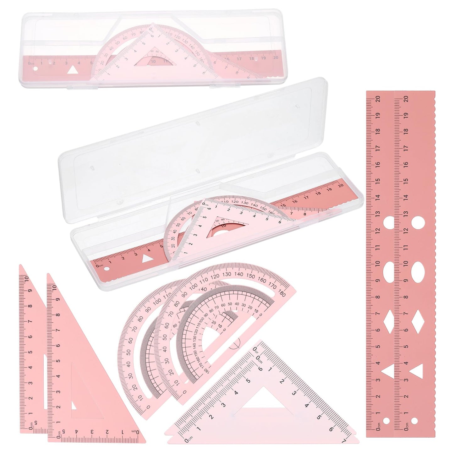 PATIKIL Geometry Set, 2 Pack 8 Inch Aluminum Ruler & 4 Triangles, Metal Protractor Ruler Math Drafting Measuring Tool for Home Office Math Drawing Engineering Art,Gradient Pink