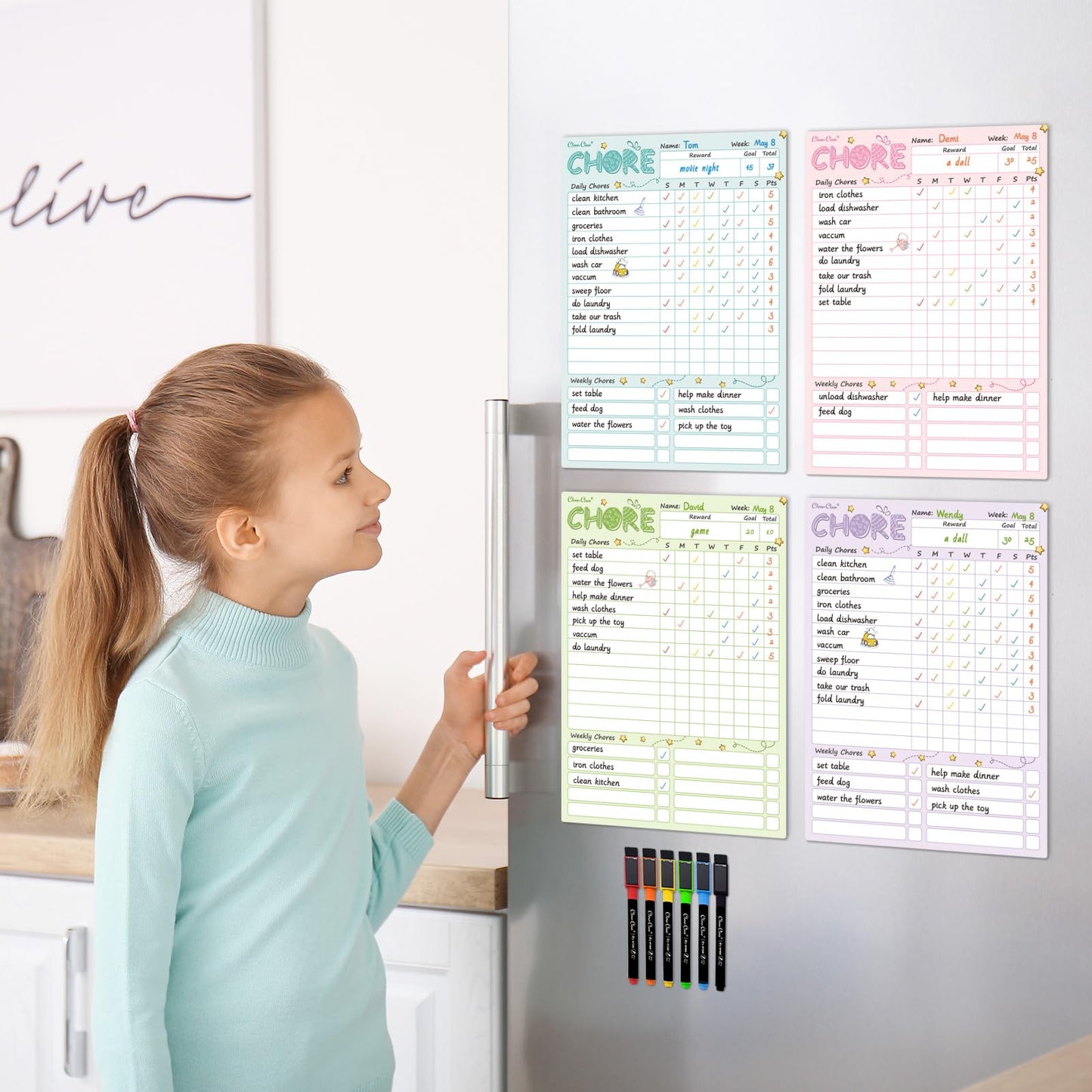 Magnetic Dry Erase Chore Chart - 8.5"x12" Behavior Responsibility Chore Board for Kids, Teenagers - 6 Extra Fine Point Markers Included - Shipped Flat 4 Pcs