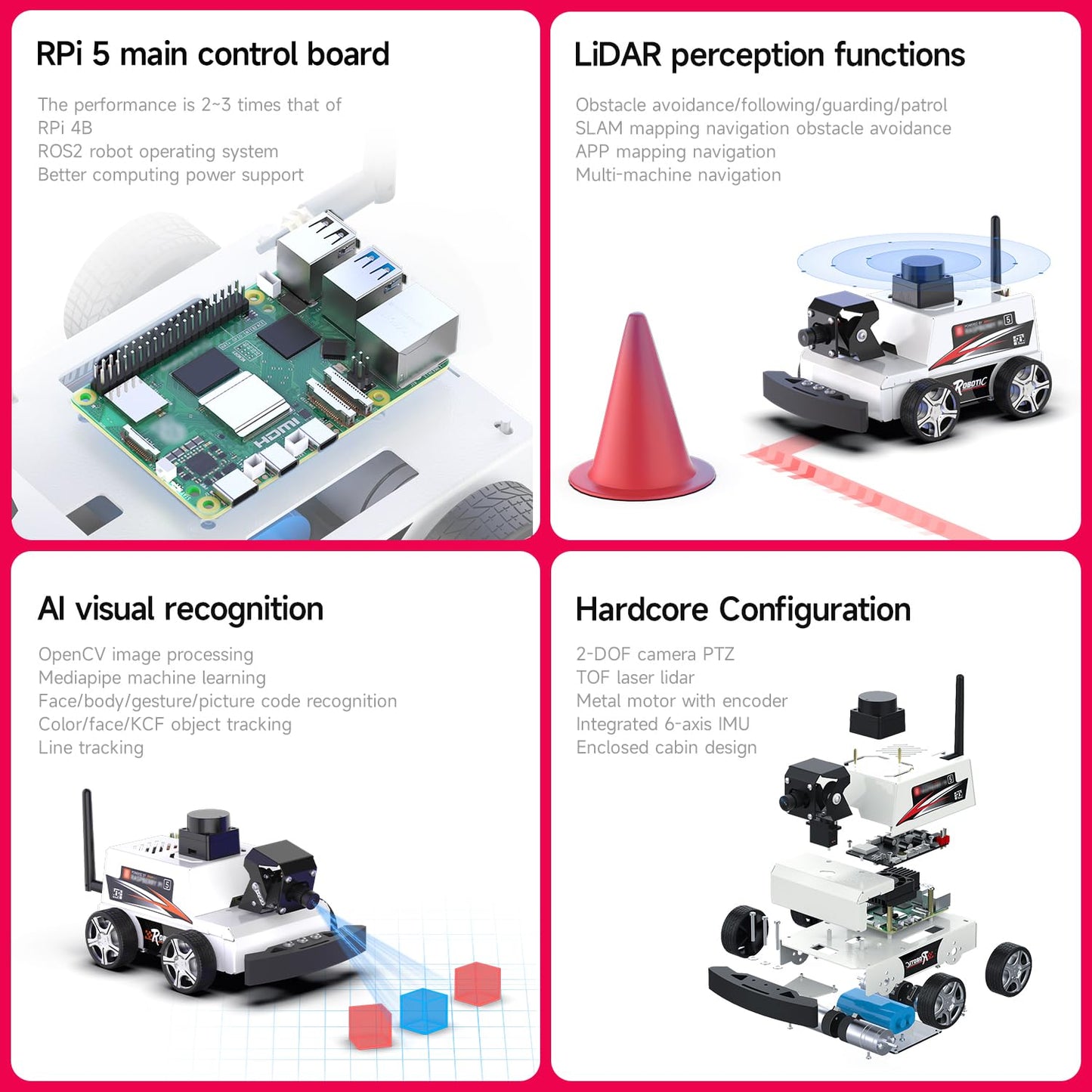 Yahboom AI Visual ROS2 Smart Robot Car Kit for Raspberry Pi 5 2DOF Carmer Autonomous Driving Lidar Stem Education Project for Teen Engineers Students (Without Raspberry Pi5)