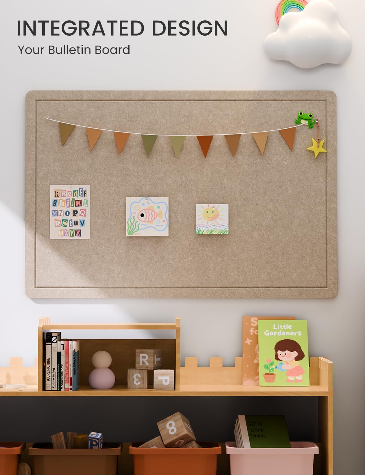 Fluxynara Bulletin Board,35.4" x 23.6" Cork Board Alternative with 12 Safe Removable Adhesive Tabs, Foldable Felt Pin Board for Home Office, Classroom, Bedroom,Entryway for Walls—Taupe