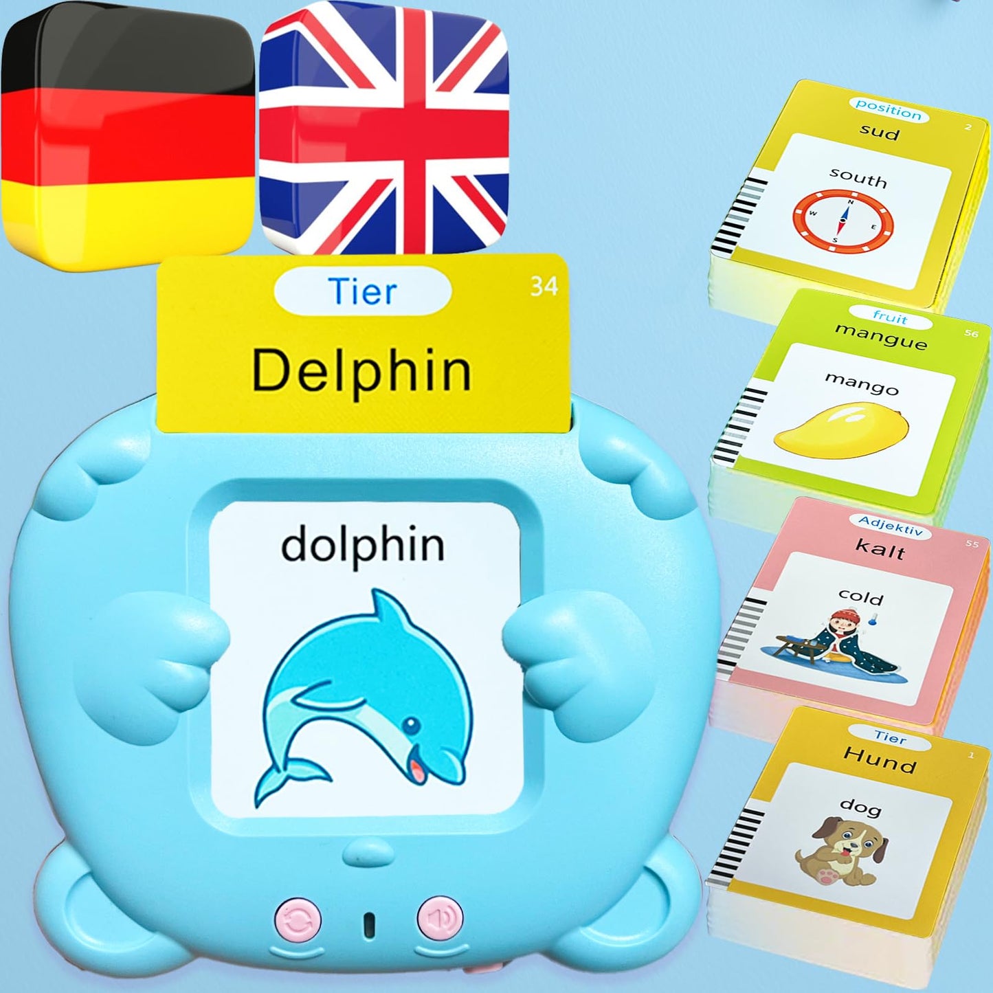 MoLingvora Bilingual Talking Flash Cards for Kids - Deutsch German English Flashcards Children Adults, 510 Sight Words, ABC Alphabet, Pocket Speech for Toddlers, Audible Sensory Toys (German, Blue)