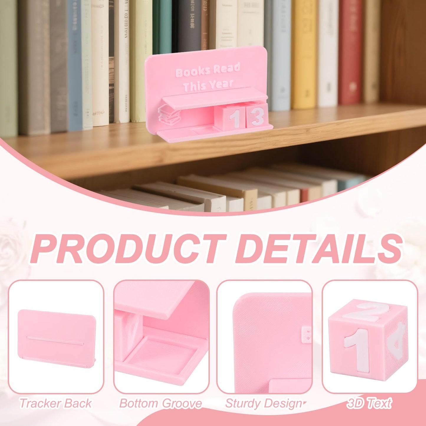 PATIKIL Books Read This Year Tracker, 3D Reading Challenge Counter Sign Library Bookshelf Decor Reading Challenge Number Up to 999 Books Gift for Reader Book Lovers Teachers, Pink