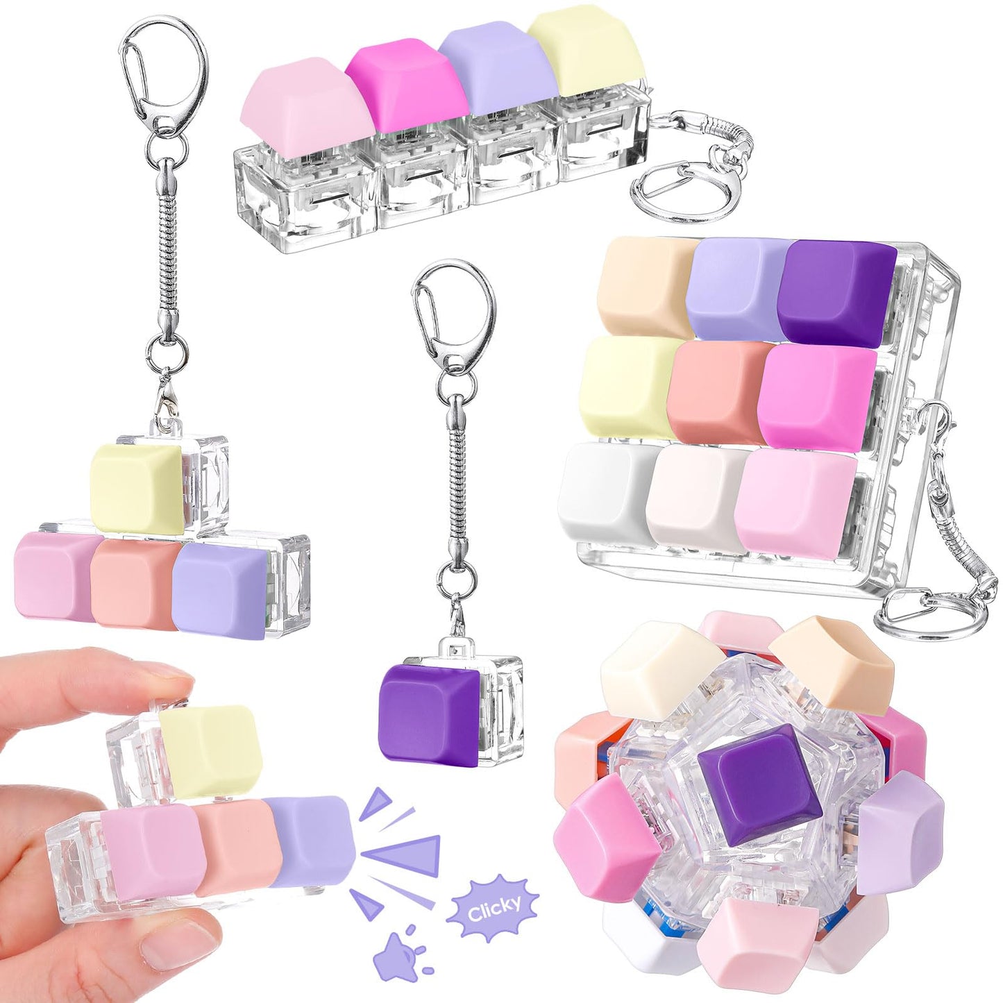 Halloscume 5 Pcs Keyboard Adult Fidget Clicker in 5 Styles Keyboard Fidget Keychain Cube Mechanical Key Button Clicker Stress Relief Gift for Office Home Pass Time(Purple Pink)