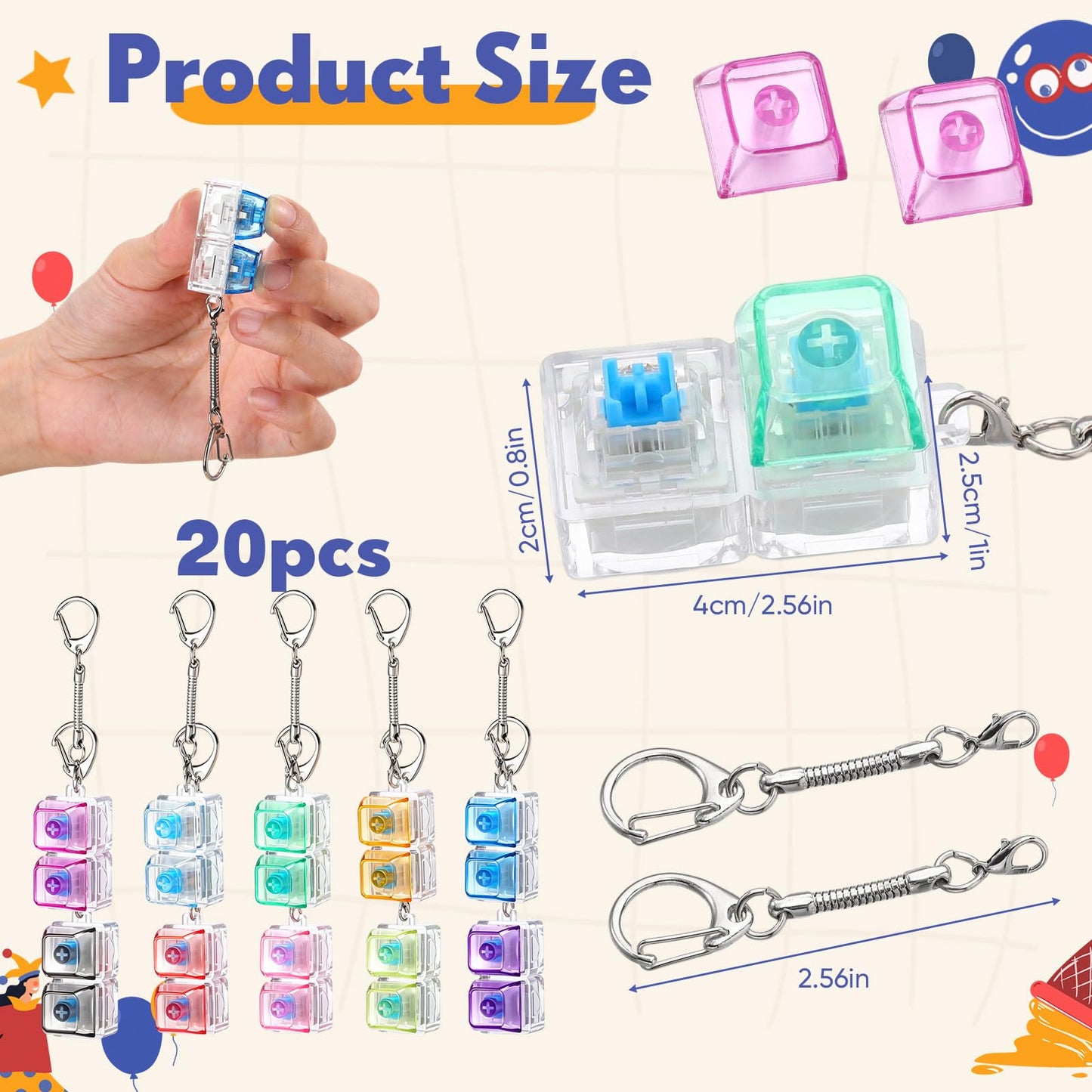 Lewtemi 20 Pcs Keyboard Fidget Toy Clicker Keyboard Fidget Keychain Decompression Button Clicker Toys for Adult Button Stress Relief to Relax Stress Anxiety Decompression Gifts (Translucent)