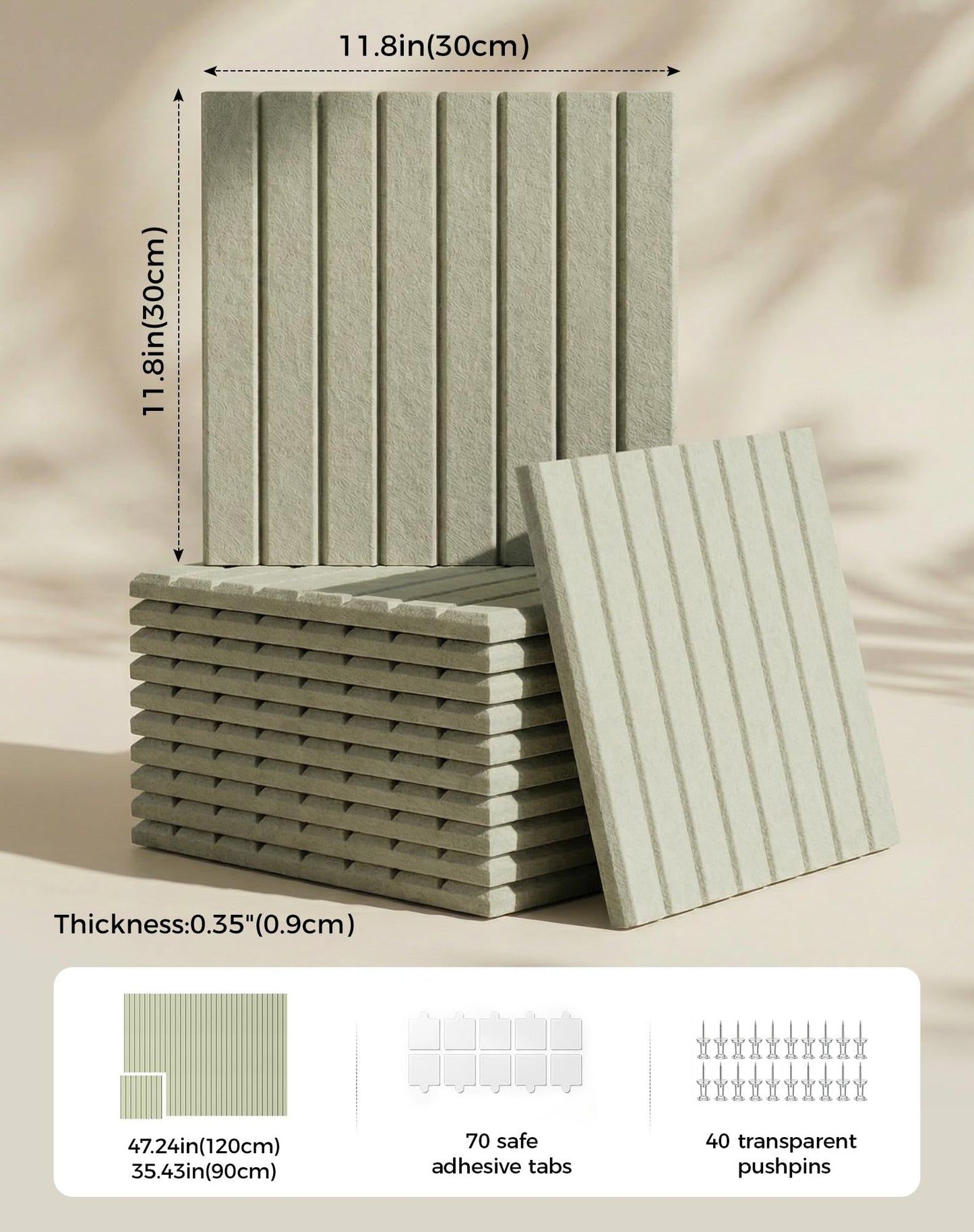 Aothia 12-Pack Felt Bulletin Board Tiles 48"x36", Modular Pin Board for Smooth Walls, Cork Board Alternative for Notes & Photos, 0.35" Thick, 70 Adhesive Tabs & 40 Pins, Sage Green