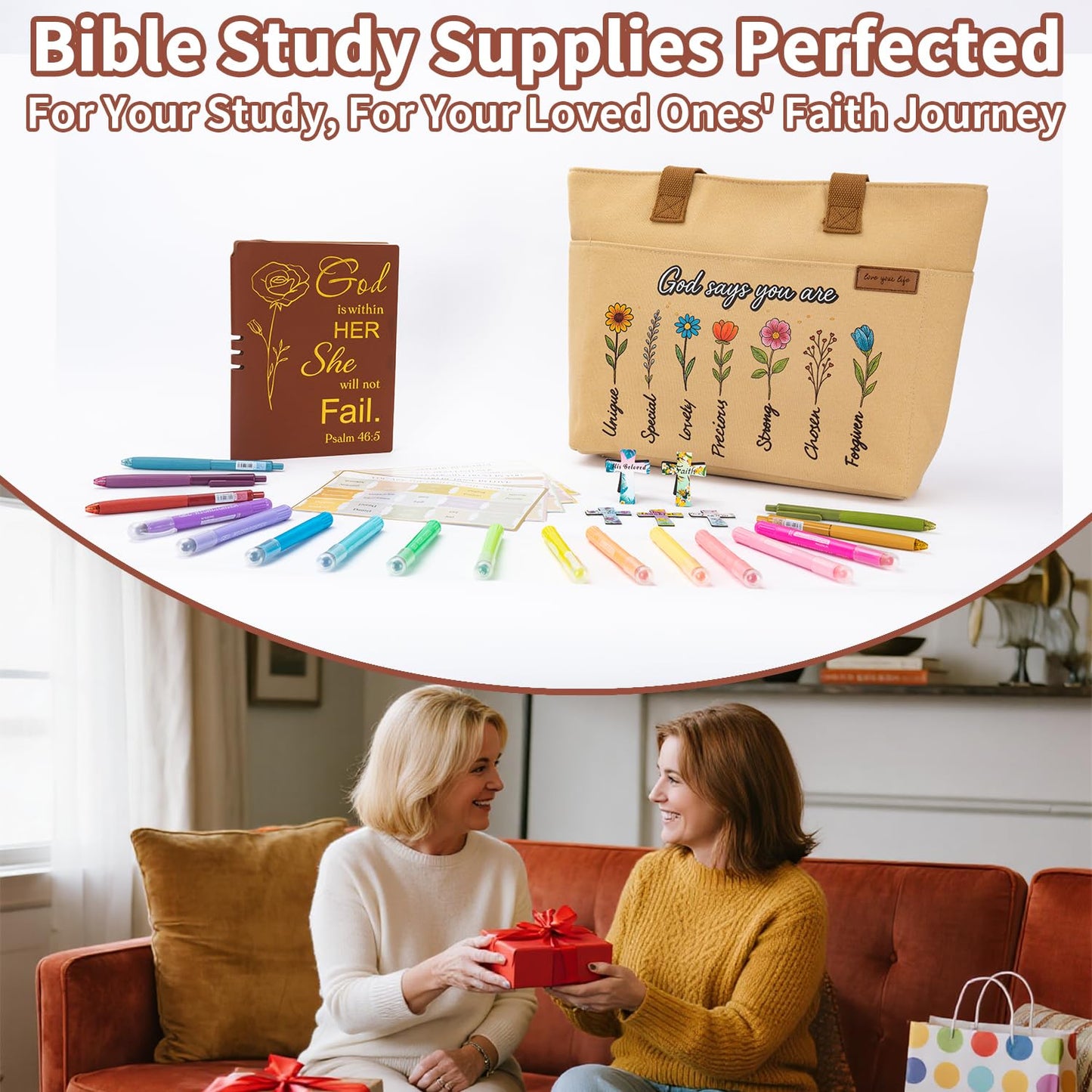 25 PCS Bible Study Supplies Kit, Large Capacity Canvas Tote Bag for Women Organizer, Bible Highlighters and Quick Dry Pens No Bleed Through Tabs, Christmas Christian Gifts for Women Mom Friends