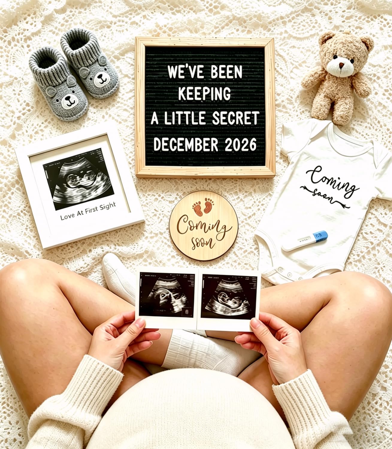 Pregnancy Announcement, Baby Announcement Ideas Set Include Felt Letter Board, Baby Onesie, Booties, Photo Frame, Wooden Sign and Bear Plush, Pregnancy Announcement Photo Props Coming Soon Baby Announcement