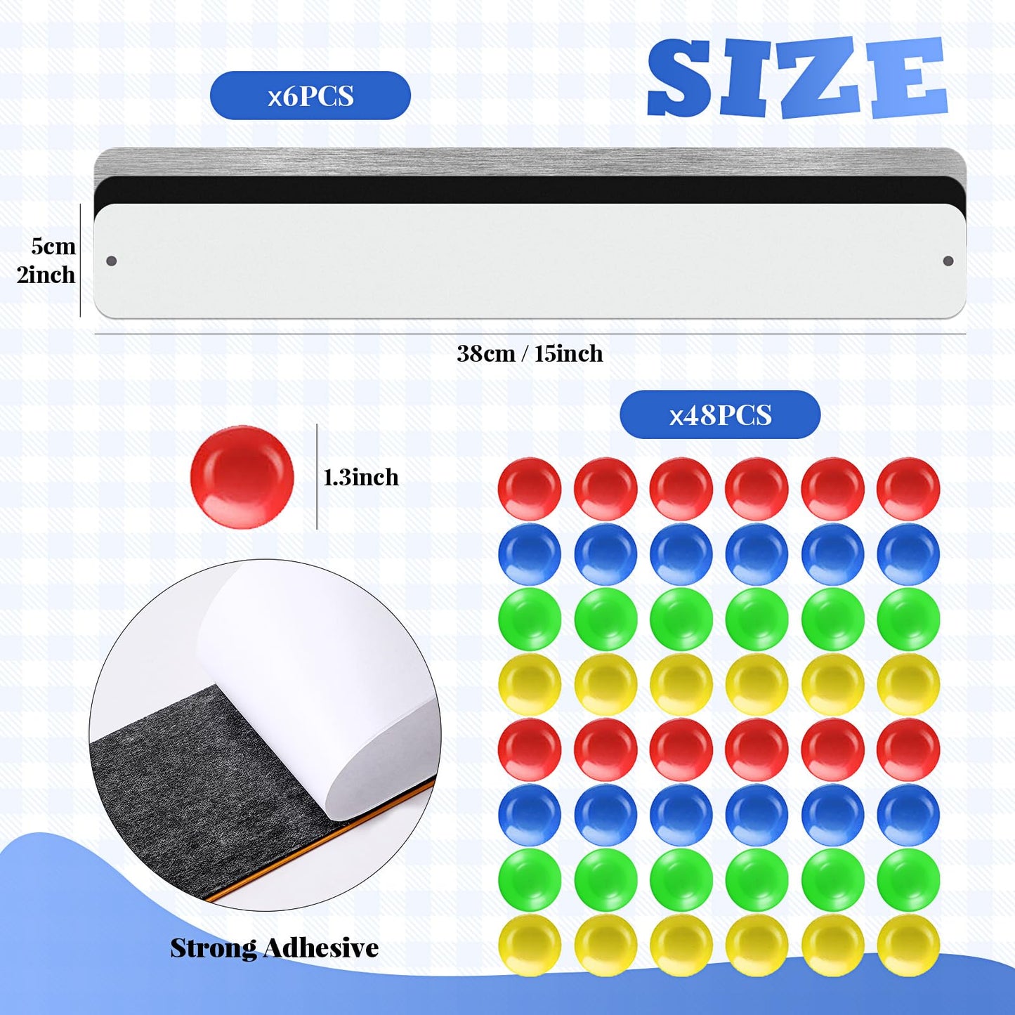 Outus 6 Pcs 15" x 2" Magnetic Wall Strips, Magnetic Bulletin Board Strip Set with 48 Pcs Colorful Magnets, Metal Display Board for Office Home Notes Photos(Silver, Black, White)