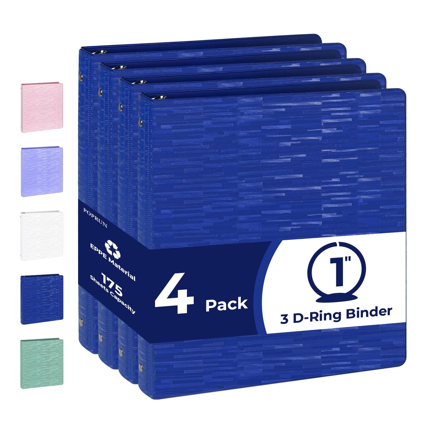 POPRUN 3 Ring Binder 1 Inch, PVC-Free, Holds 175 Sheets of 8.5 x 11 Paper, Extra Durable Organizer with 2 Pockets for School & Office, Heavy-Duty, 4 Pack, Prussian Blue