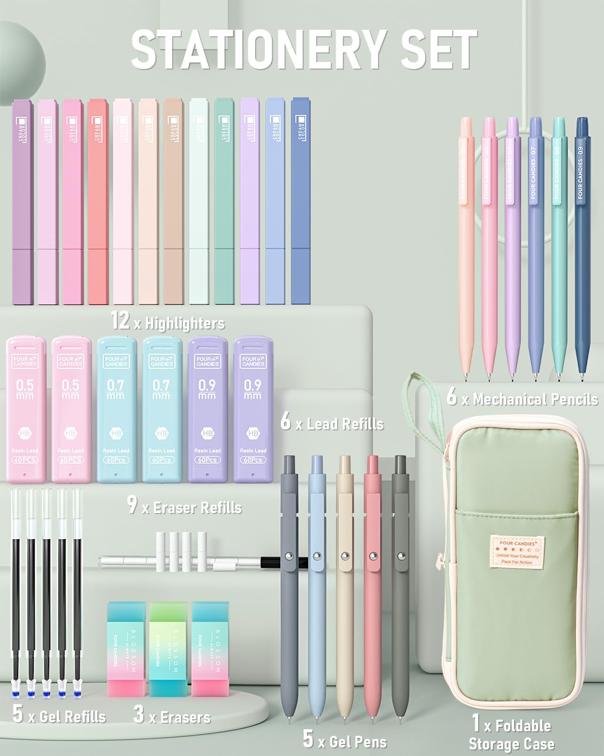 Four Candies 39 PCS Aesthetic Stationery Set with Cute Pen Case, College Supplies and Nursing Student Essentials, 12 Pastel Highlighters, 5 Black Gel Pens, 6 Mechanical Pencils, Green