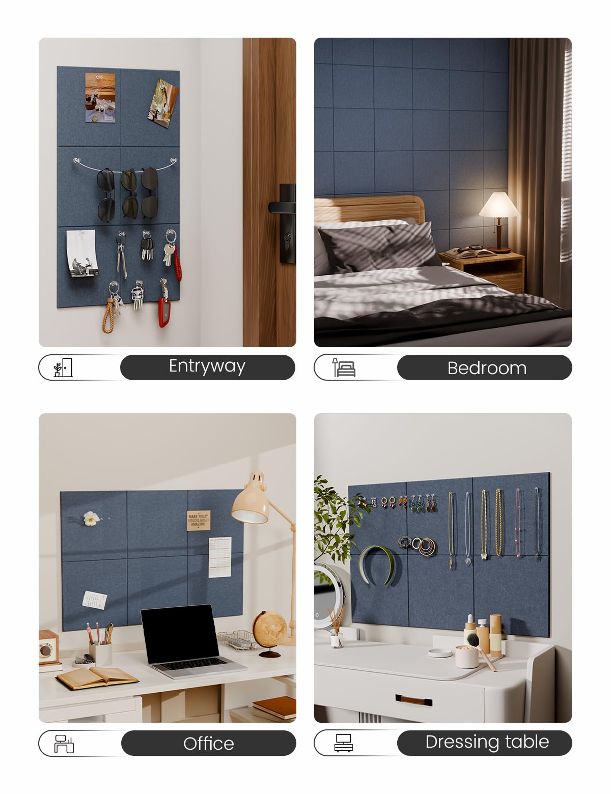 Felt Bulletin Board Tiles -28"x18" Cork Board Alternative for Office Decor, Push Pin Board Wall Organizer 6-Pack - Deep Charcoal Blue