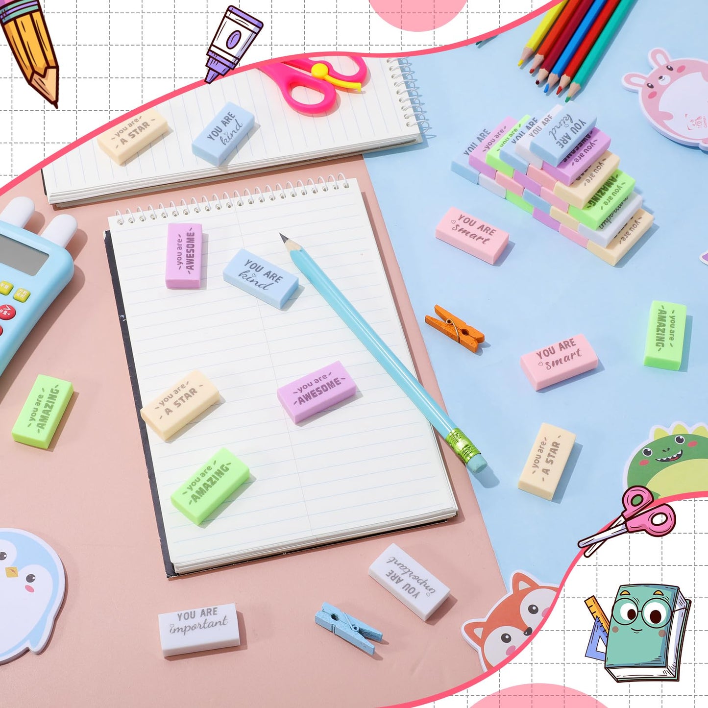 Resurhang 180 Pcs Erasers Bulk for Kids Inspirational Pencil Erasers Bulk for Drawing Motivational Big Eraser School Supplies for Classrooms Back to School Office (Motivational,Macaron)